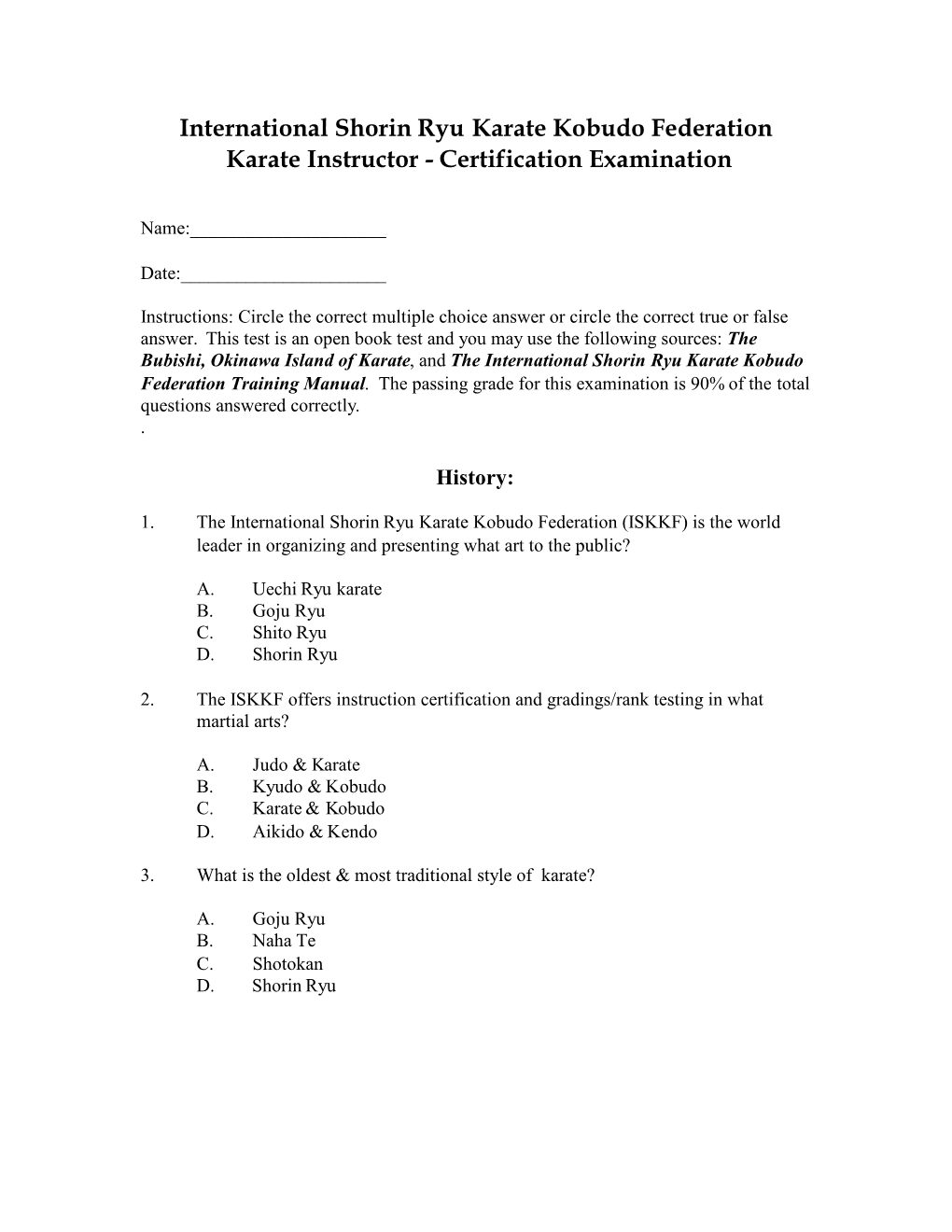 International Shorin Ryu Karate Kobudo Federation Karate Instructor - Certification Examination