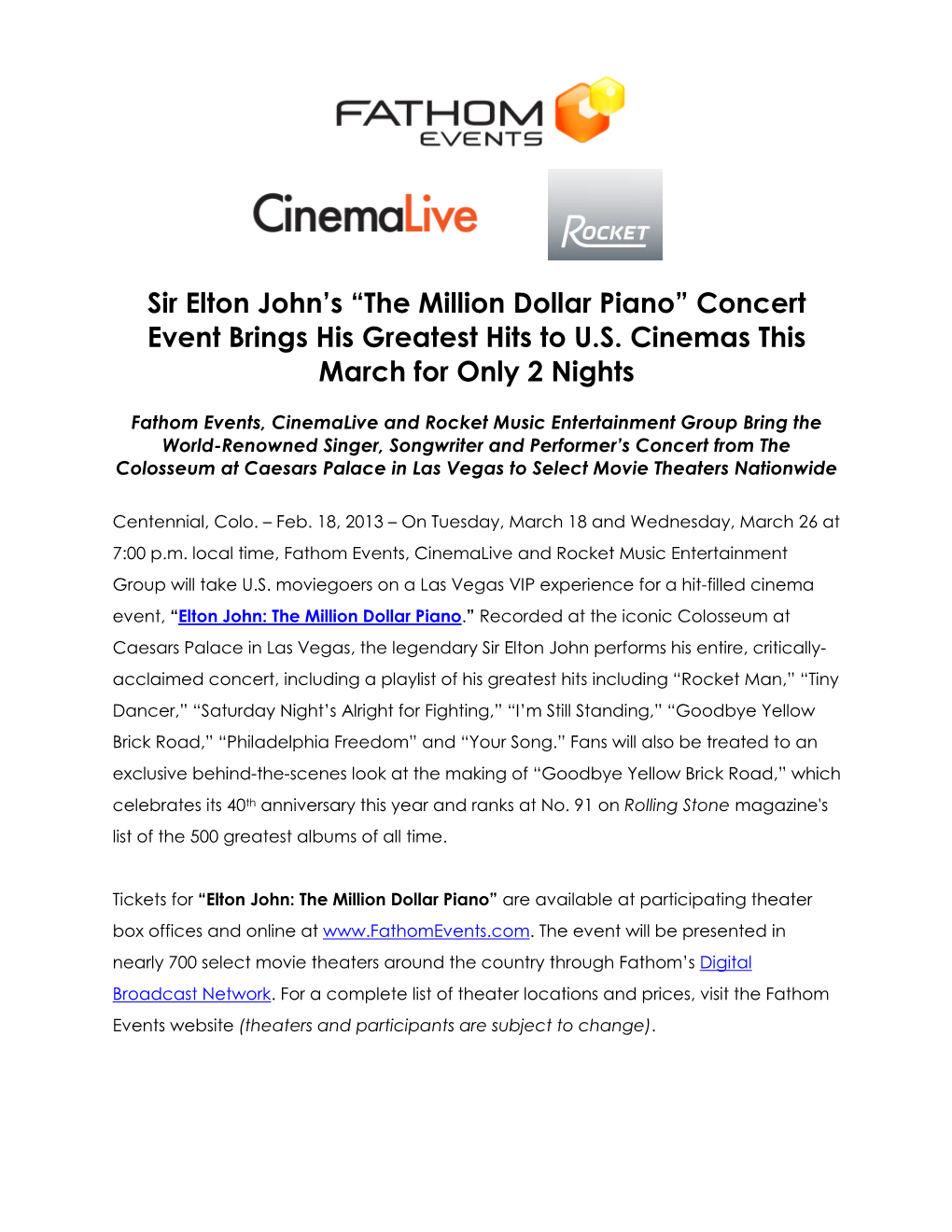 Sir Elton John's “The Million Dollar Piano” Concert Event Brings His