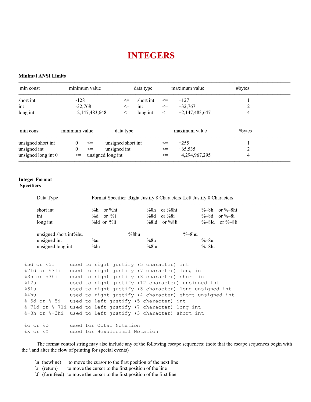 Min Const Minimum Value Data Type Maximum Value #Bytes