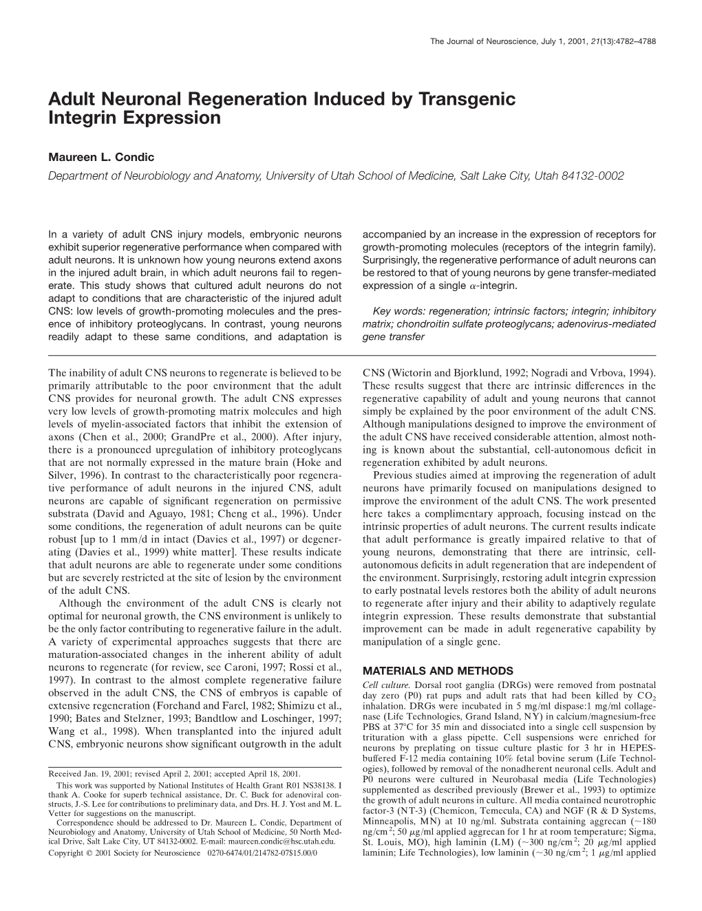 Adult Neuronal Regeneration Induced by Transgenic Integrin Expression