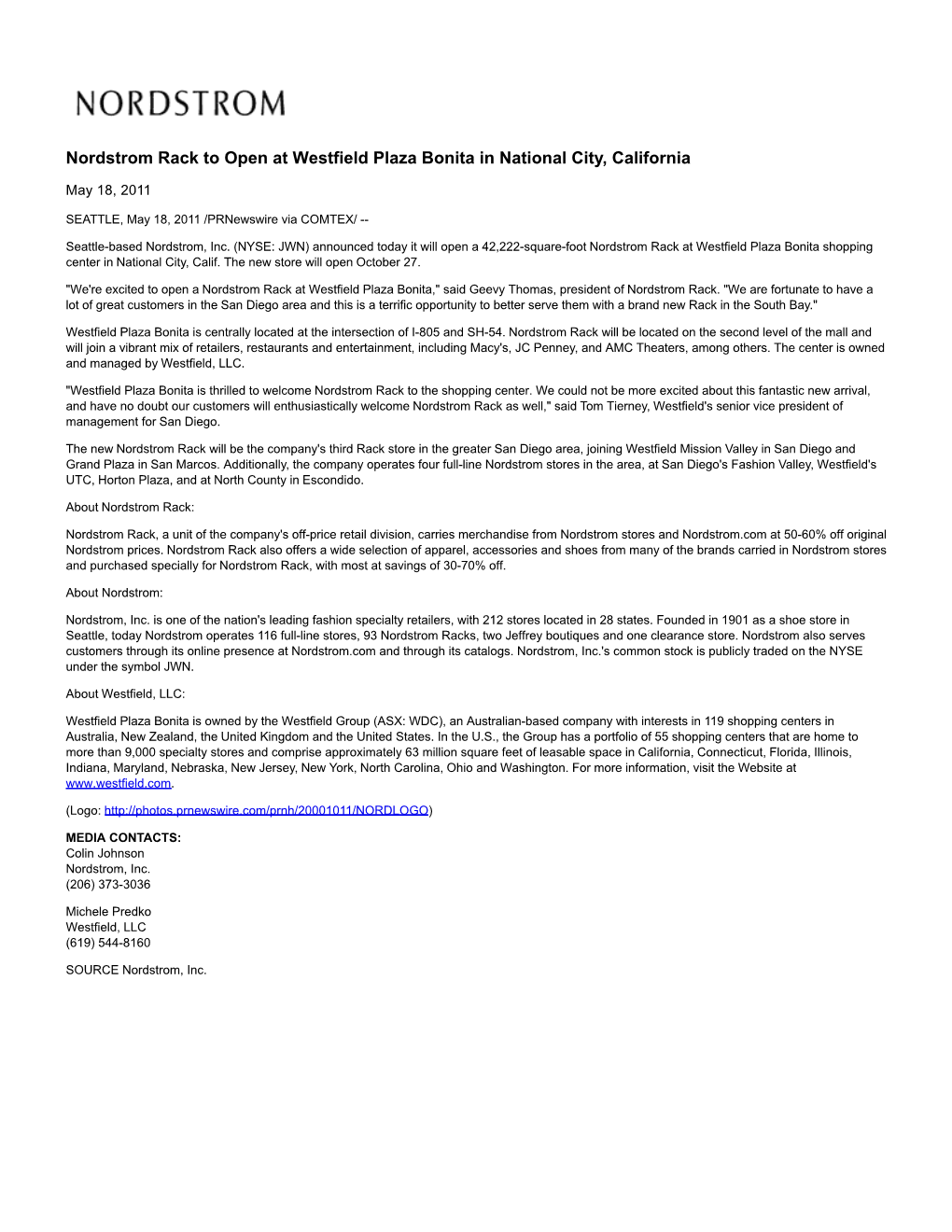 Nordstrom Rack to Open at Westfield Plaza Bonita in National City, California