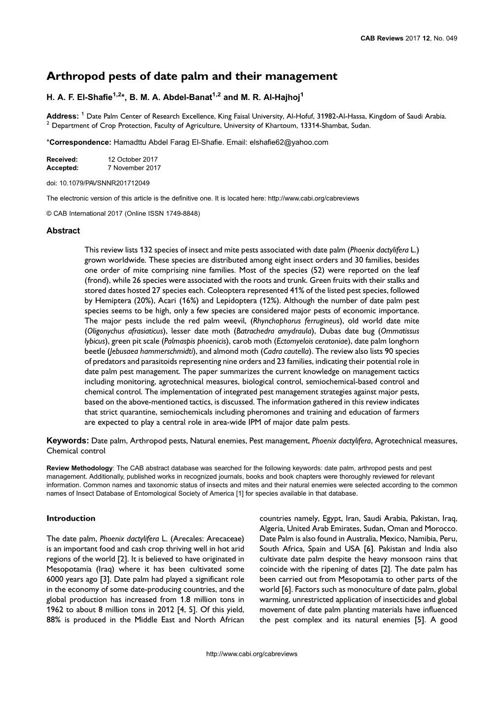 Arthropod Pests of Date Palm and Their Management