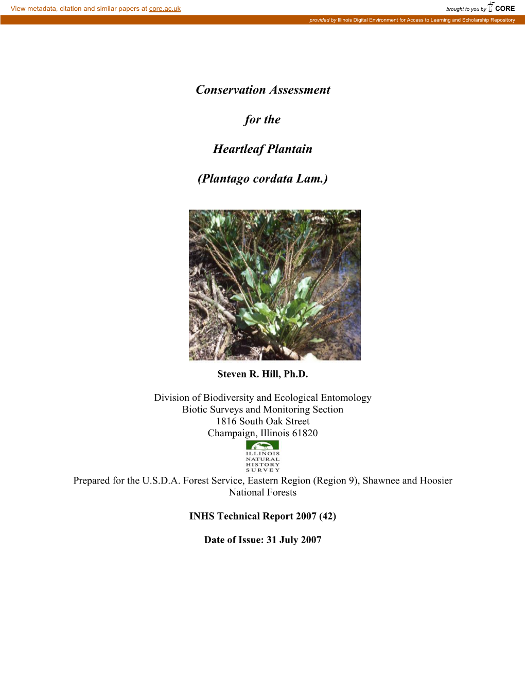 Conservation Assessment for the Heartleaf Plantain (Plantago Cordata Lam.)