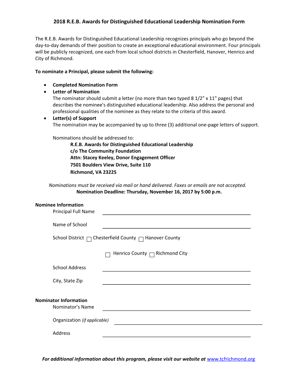 2018 R.E.B. Awards for Distinguished Educational Leadership Nomination Form