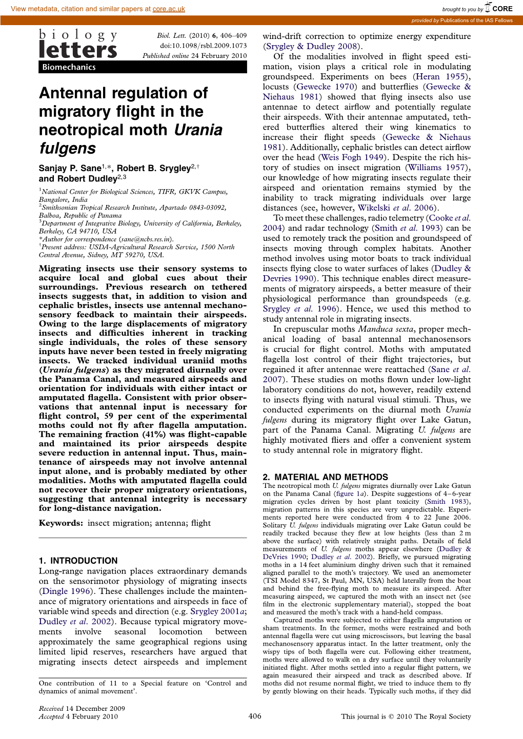 Antennal Regulation of Migratory Flight in the Neotropical Moth Urania Fulgens