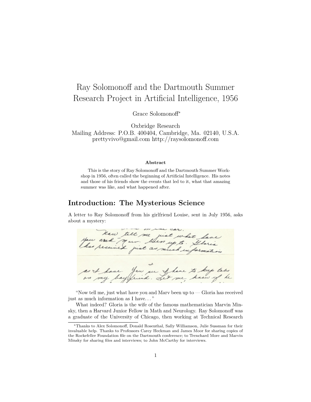 Ray Solomonoff and the Dartmouth Summer Research Project in Artificial Intelligence, 1956