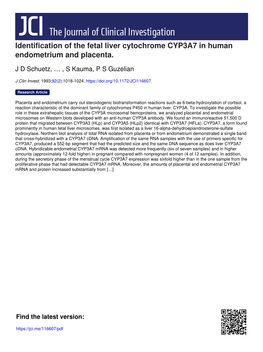 Identification of the Fetal Liver Cytochrome CYP3A7 in Human Endometrium and Placenta