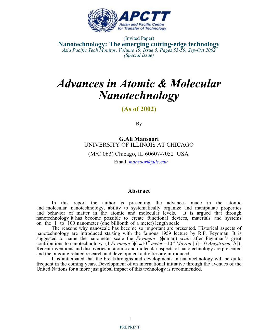 Advances in Atomic & Molecular Nanotechnology