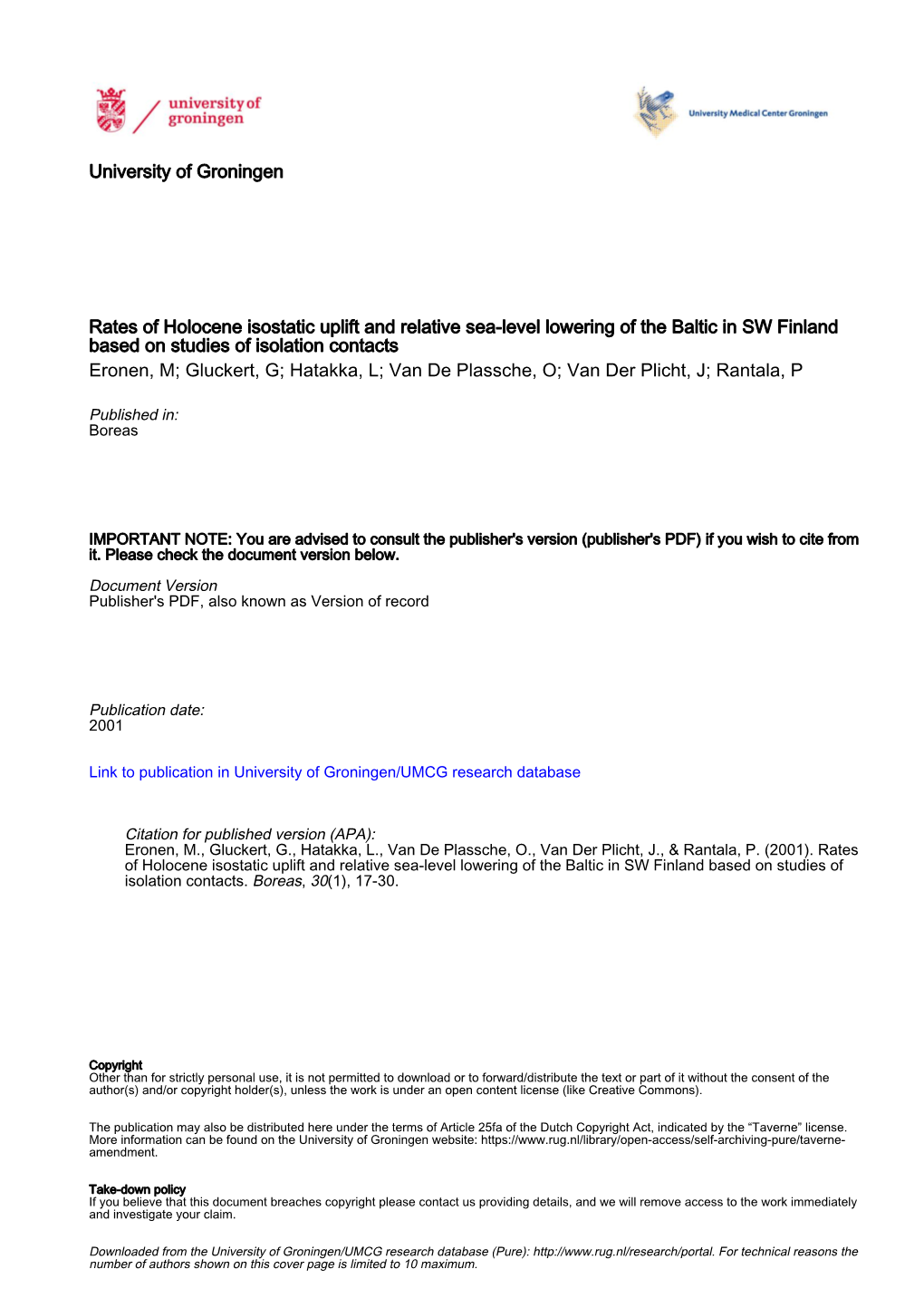 University of Groningen Rates of Holocene Isostatic Uplift And