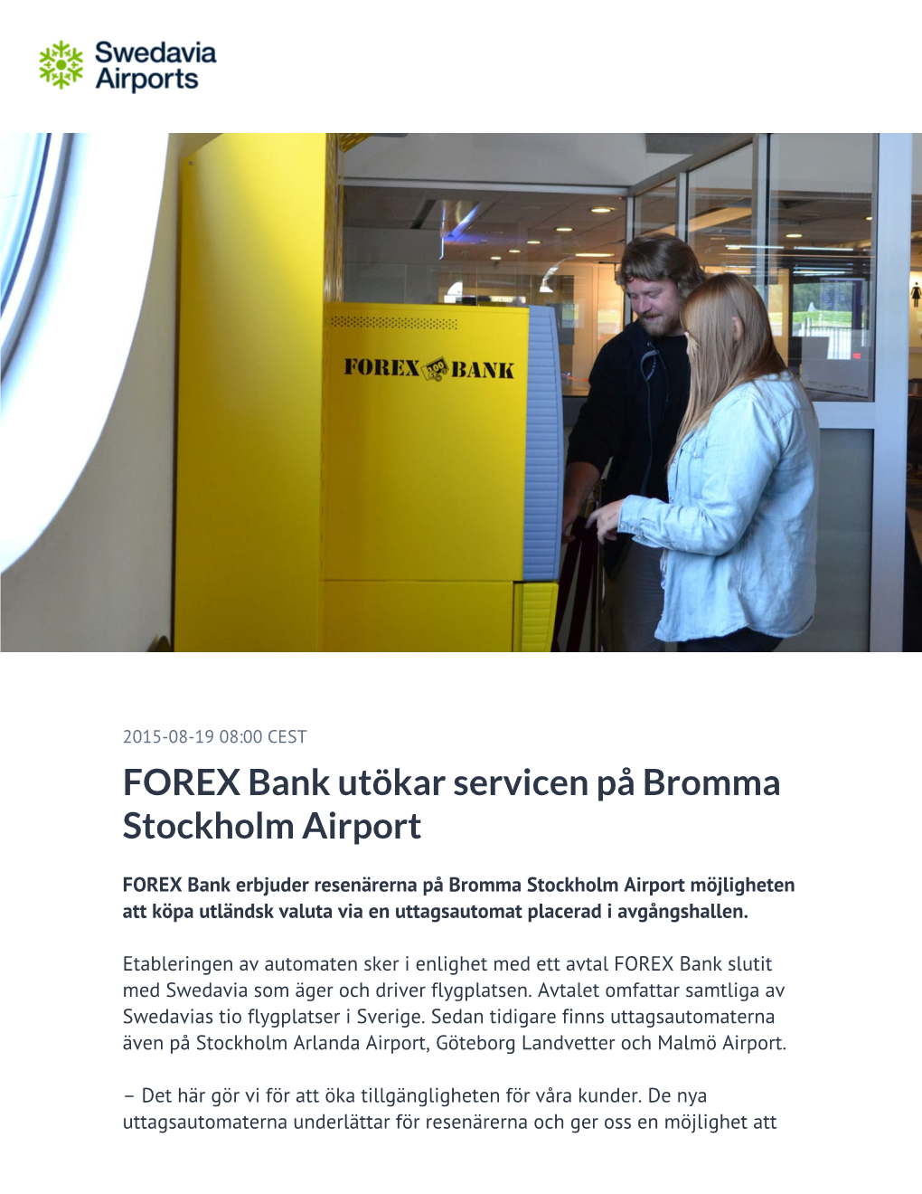 FOREX Bank Utökar Servicen På Bromma Stockholm Airport
