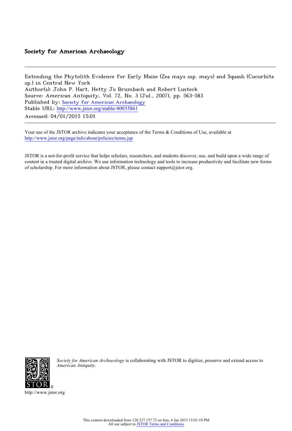 Extending the Phytolith Evidence for Early Maize (Zea Mays Ssp. Mays) and Squash (Cucurbita Sp.) in Central New York Author(S): John P