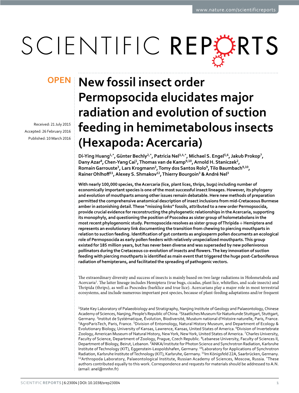 New Fossil Insect Order Permopsocida Elucidates Major