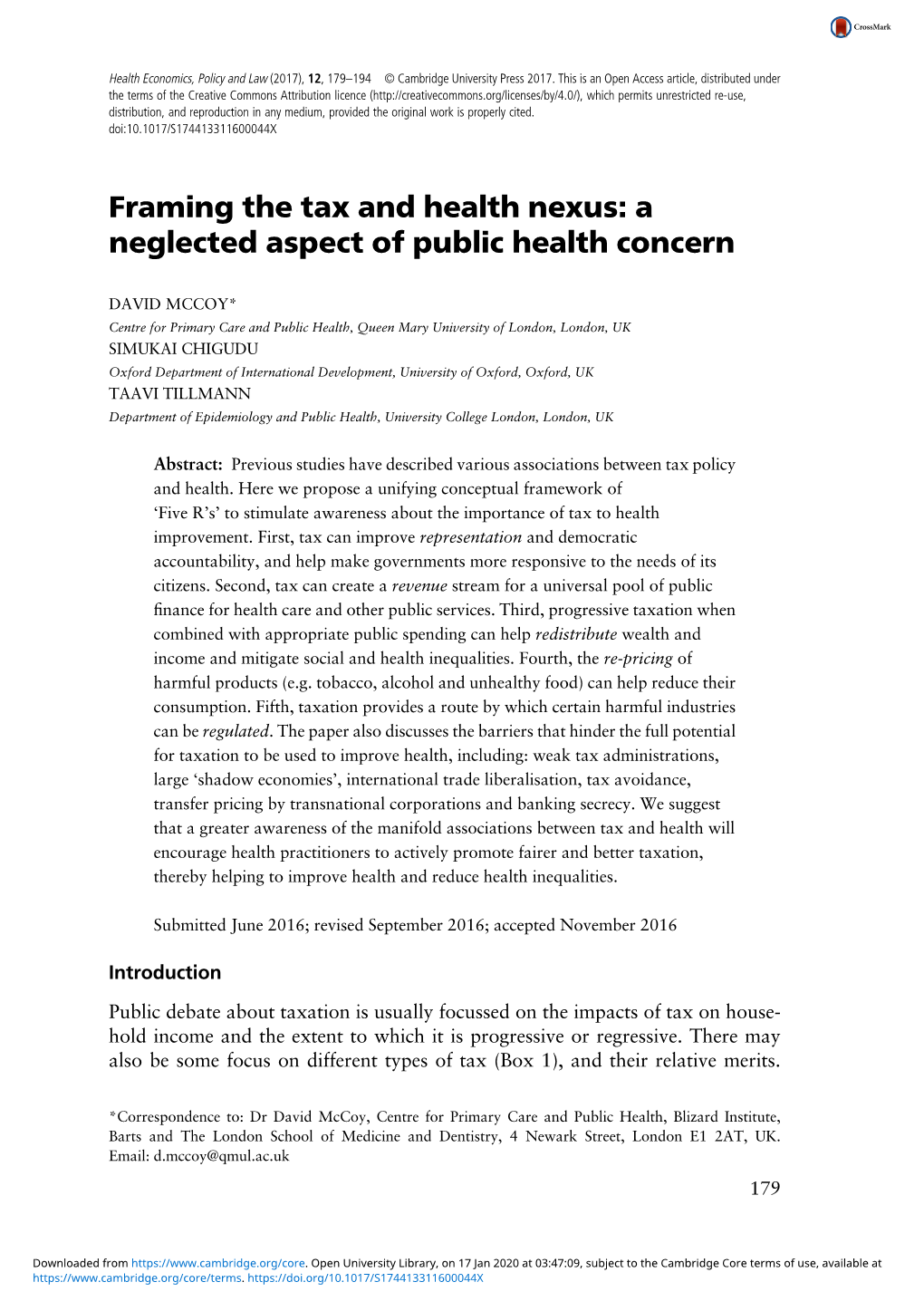 Framing the Tax and Health Nexus: a Neglected Aspect of Public Health Concern