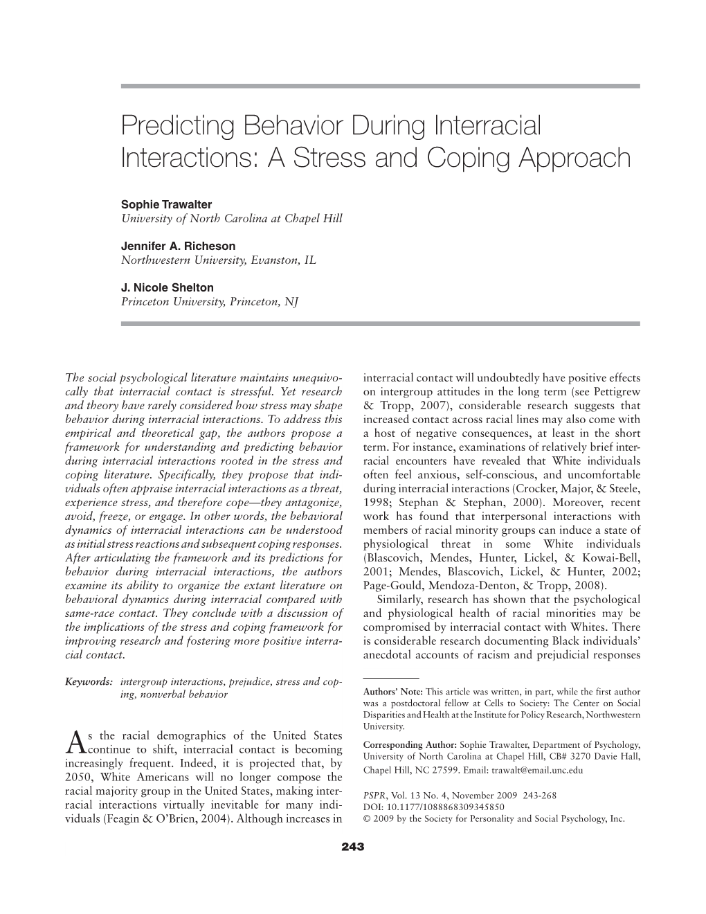 Predicting Behavior During Interracial Interactions: a Stress and Coping Approach