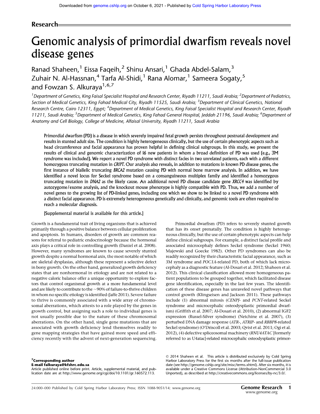 Genomic Analysis of Primordial Dwarfism Reveals Novel Disease Genes