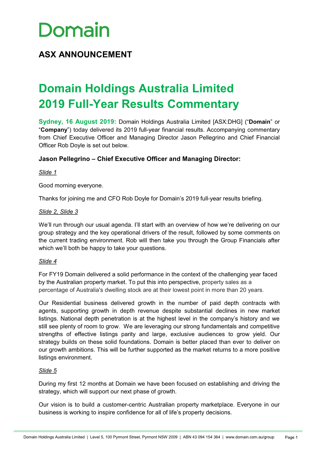 Domain Holdings Australia Limited 2019 Full-Year Results Commentary