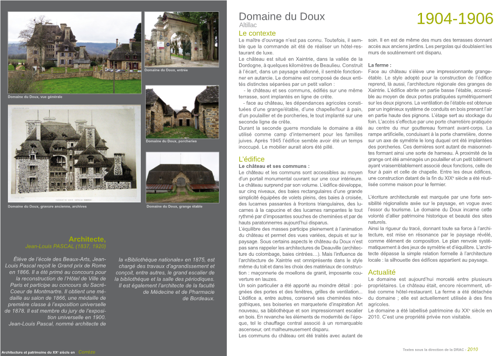 Domaine Du Doux Altillac 1904-1906 Le Contexte Le Maître D’Ouvrage N’Est Pas Connu