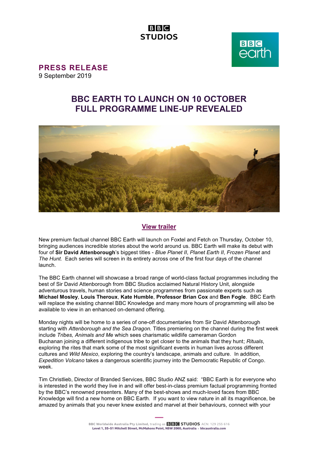 Bbc Earth to Launch on 10 October Full Programme Line-Up Revealed