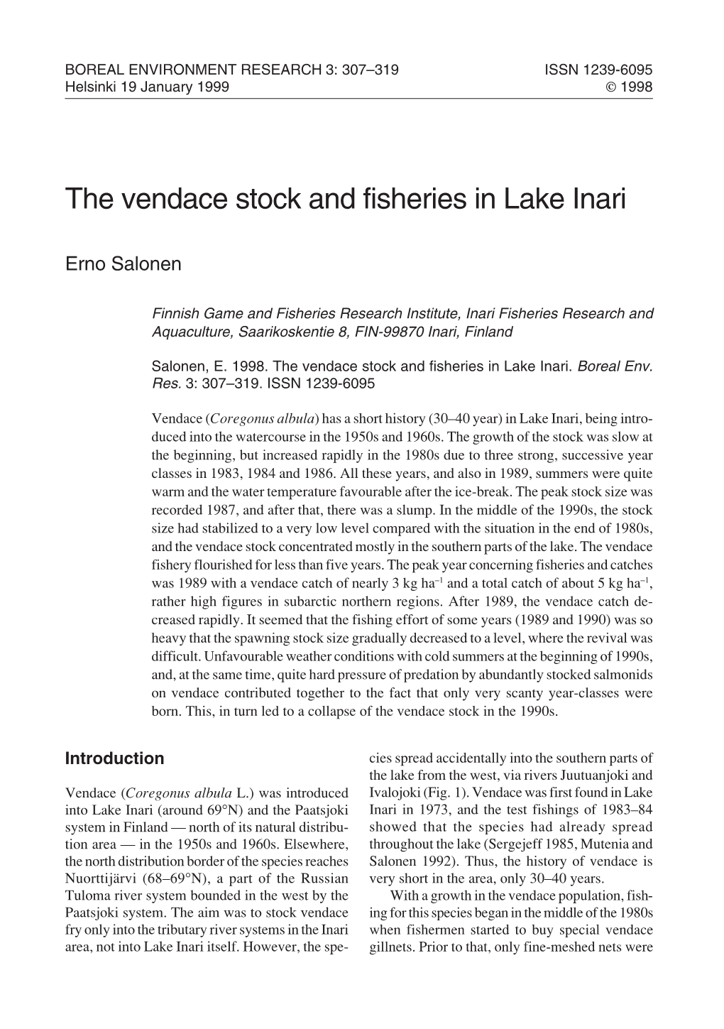 The Vendace Stock and Fisheries in Lake Inari
