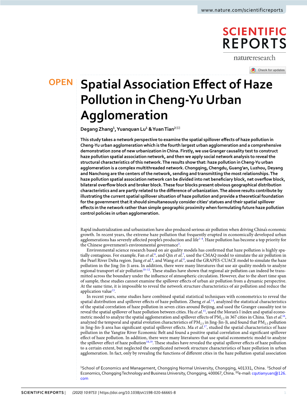 Spatial Association Effect of Haze Pollution in Cheng-Yu Urban