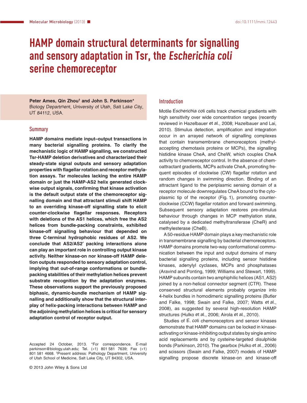 HAMP Domain Structural Determinants for Signalling and Sensory Adaptation in Tsr, the Escherichia Coli Serine Chemoreceptor