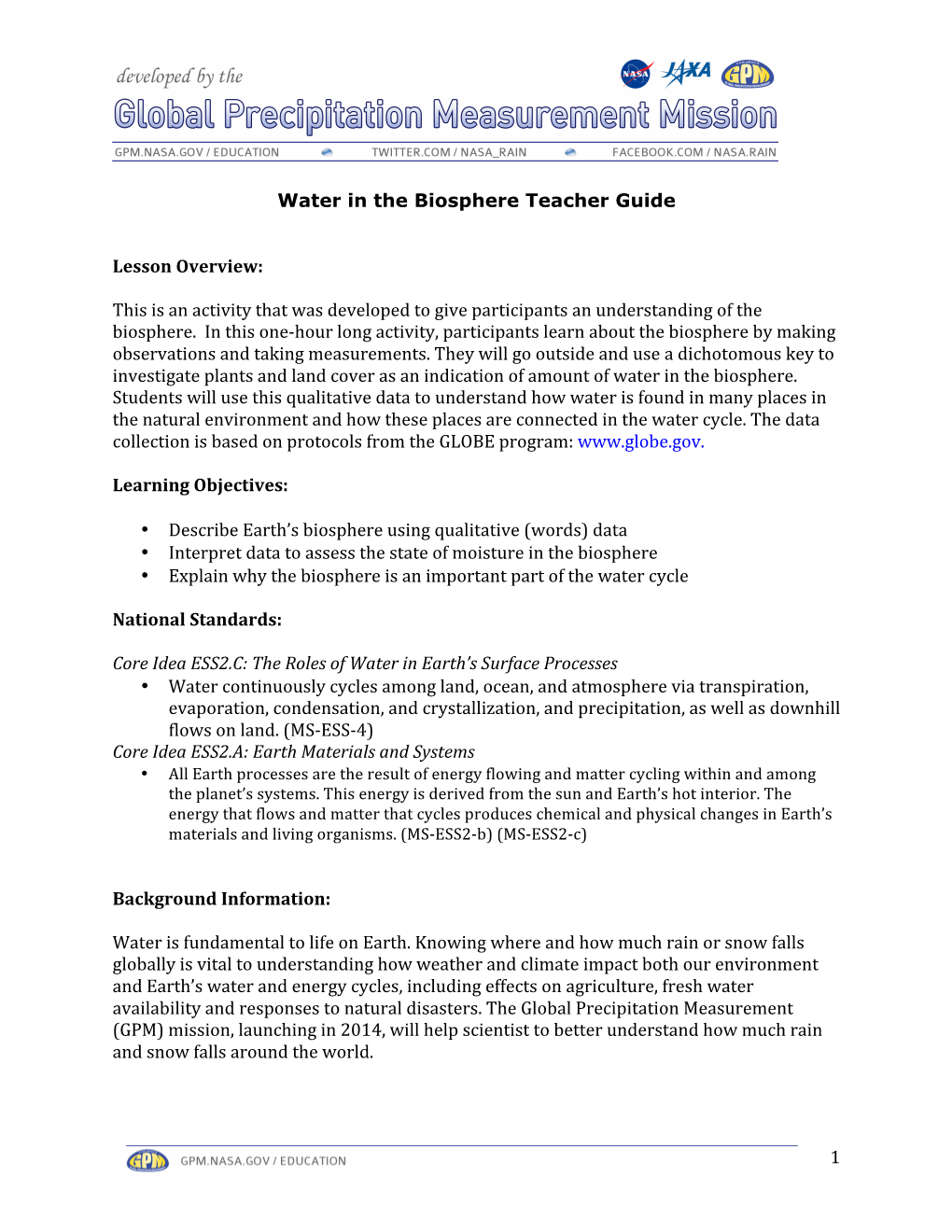 Water in the Biosphere Teacher Guide