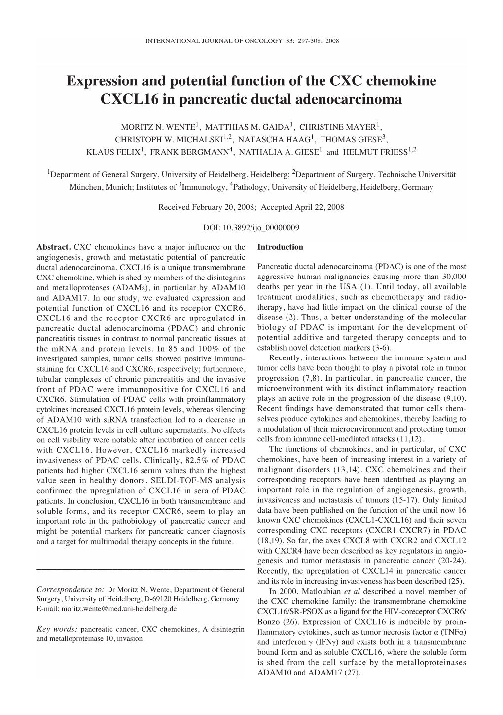 Expression and Potential Function of the CXC Chemokine CXCL16 in Pancreatic Ductal Adenocarcinoma