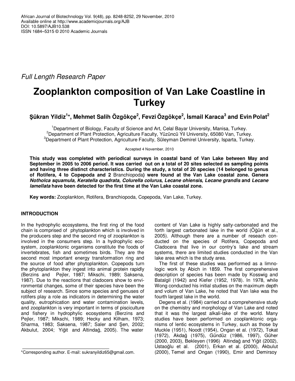 Zooplankton Composition of Van Lake Coastline in Turkey