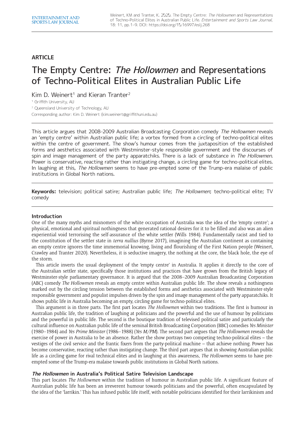 The Hollowmen and Representations of Techno-Political Elites in Australian Public Life