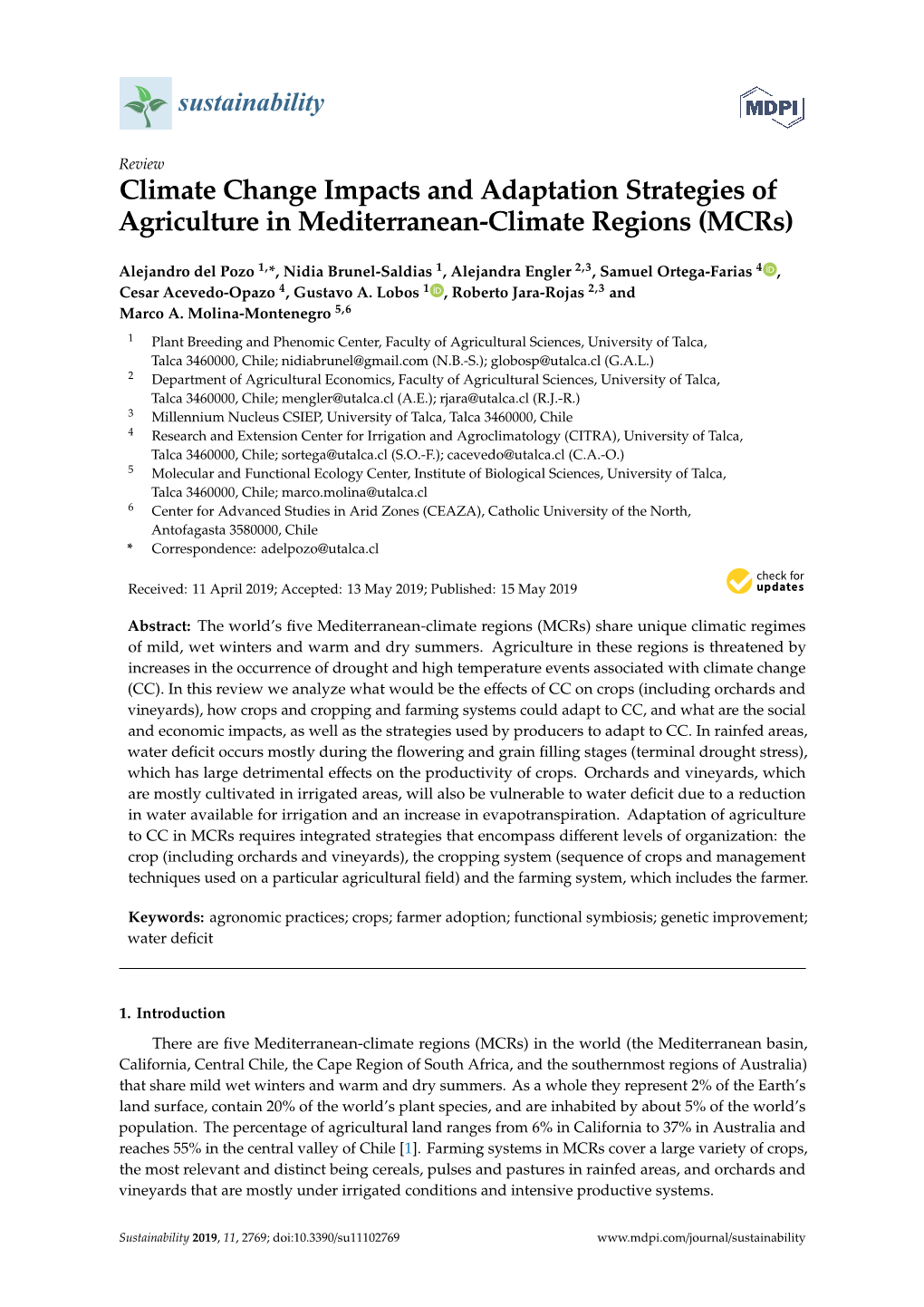 Climate Change Impacts and Adaptation Strategies of Agriculture in Mediterranean-Climate Regions (Mcrs)