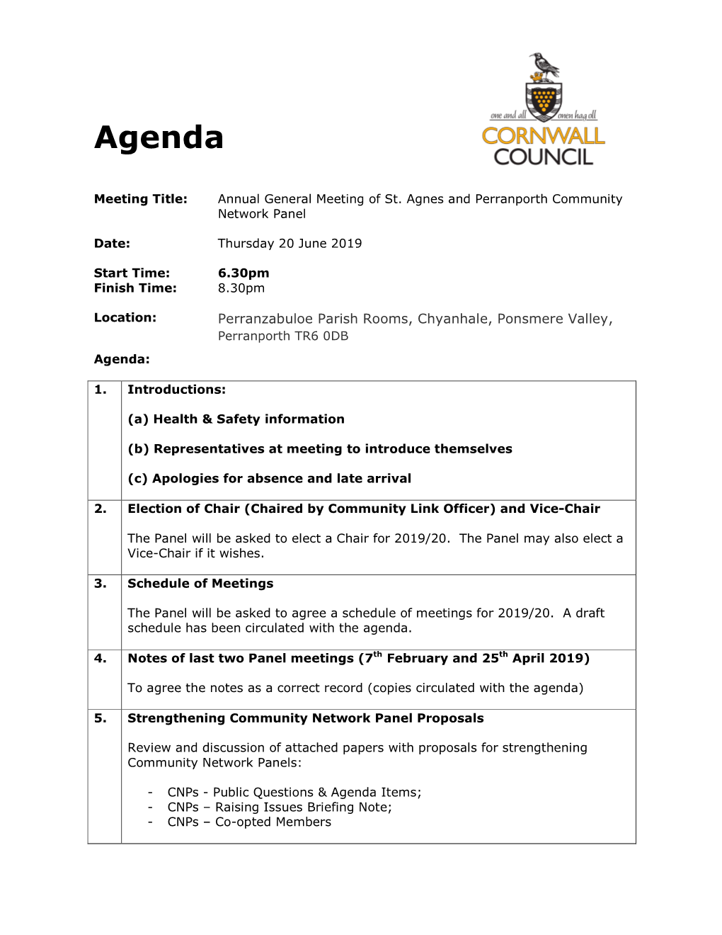 St Agnes and Perranporth CNP AGM Agenda 20 June 2019