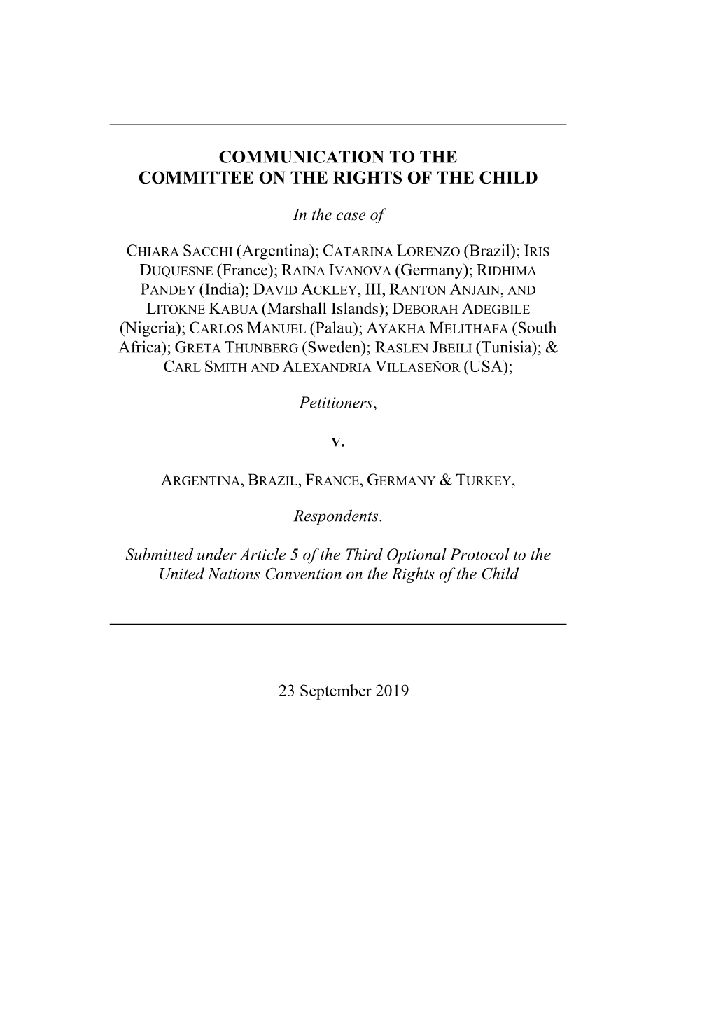 Communication to the Committee on the Rights of the Child