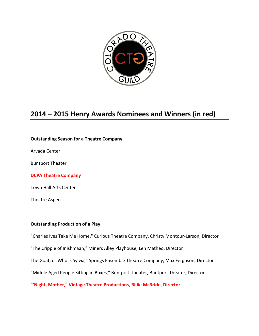 2015 Henry Awards Nominees and Winners (In Red)