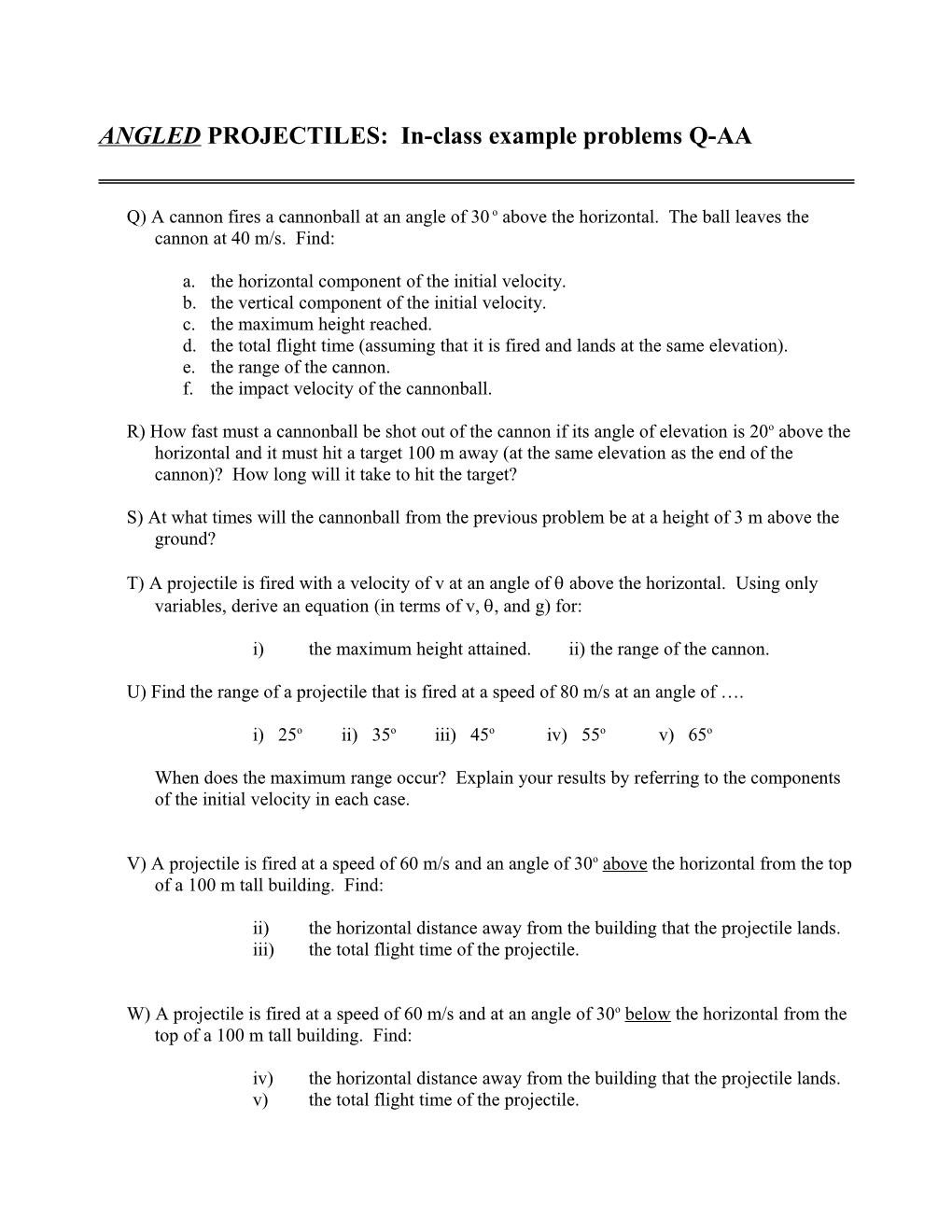 PROJECTILE MOTION: In-Class Example Problems