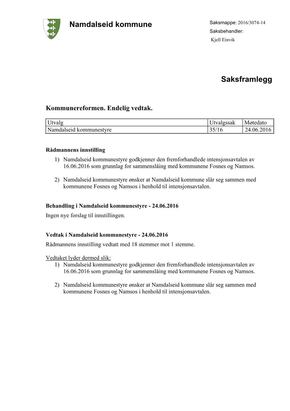 Namdalseid Kommune Saksframlegg