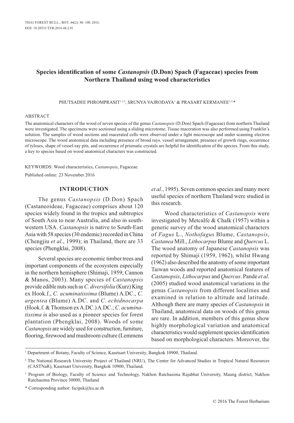 Species Identification of Some Castanopsis (D.Don) Spach (Fagaceae) Species from Northern Thailand Using Wood Characteristics (P