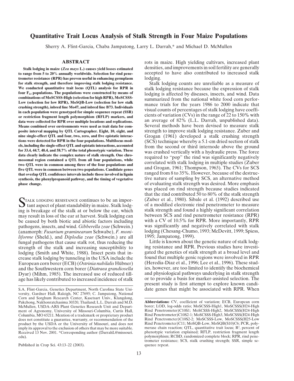 Quantitative Trait Locus Analysis of Stalk Strength in Four Maize Populations