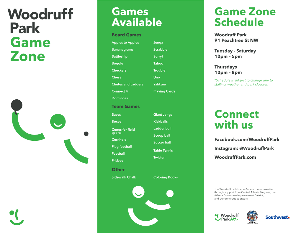 Game Zone Available Schedule Board Games Woodruff Park Apples to Apples Jenga 91 Peachtree St NW