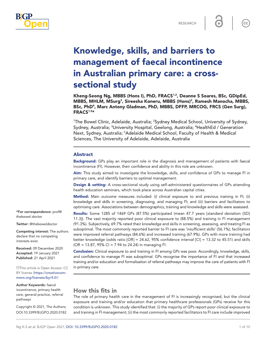Knowledge, Skills, and Barriers to Management of Faecal Incontinence in Australian Primary Care