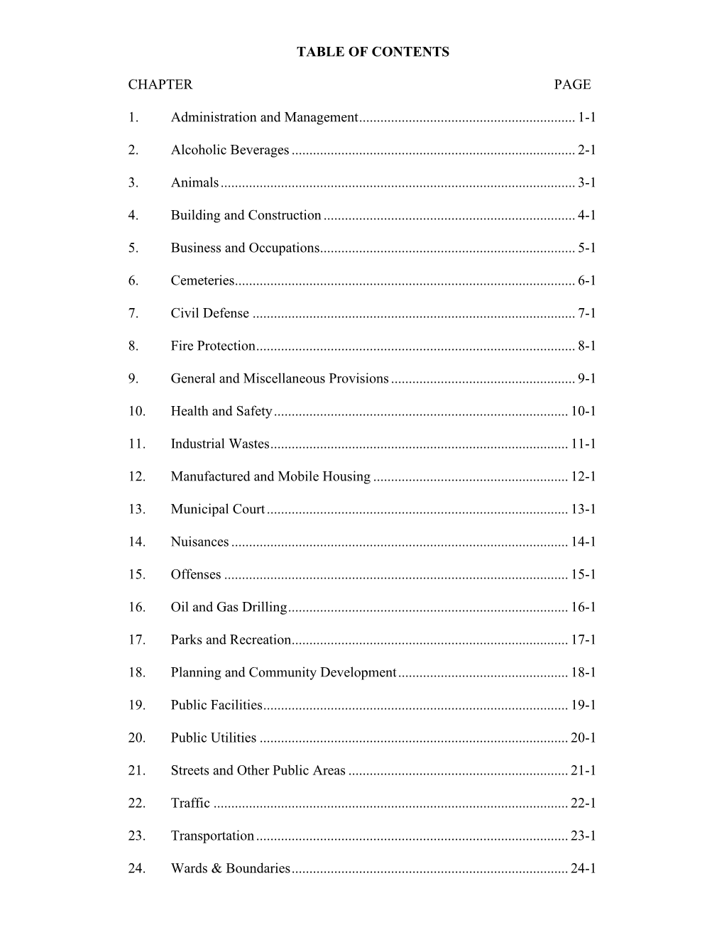 TABLE of CONTENTS CHAPTER PAGE 1. Administration and Management