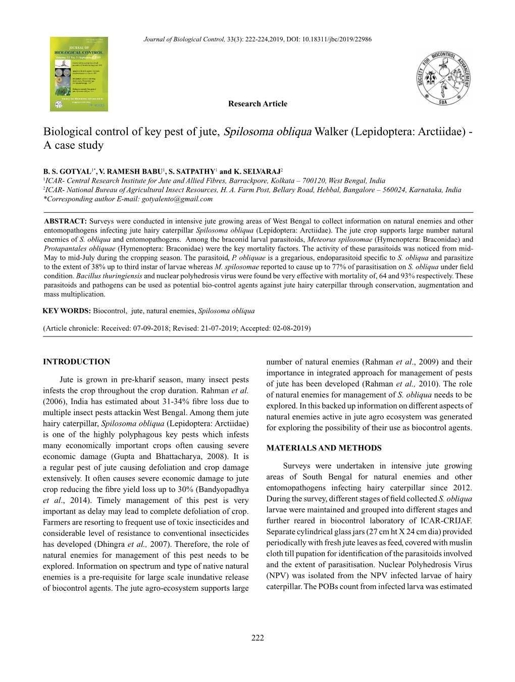 Biological Control of Key Pest of Jute, Spilosoma Obliqua Walker (Lepidoptera: Arctiidae) - a Case Study