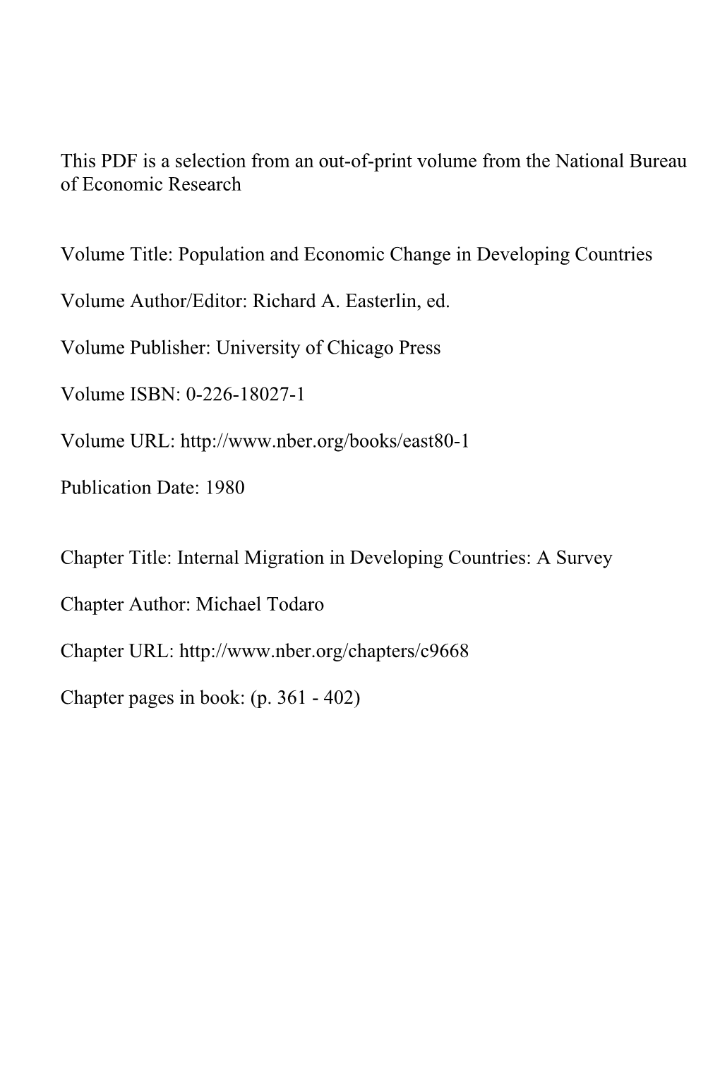 Internal Migration in Developing Countries: a Survey