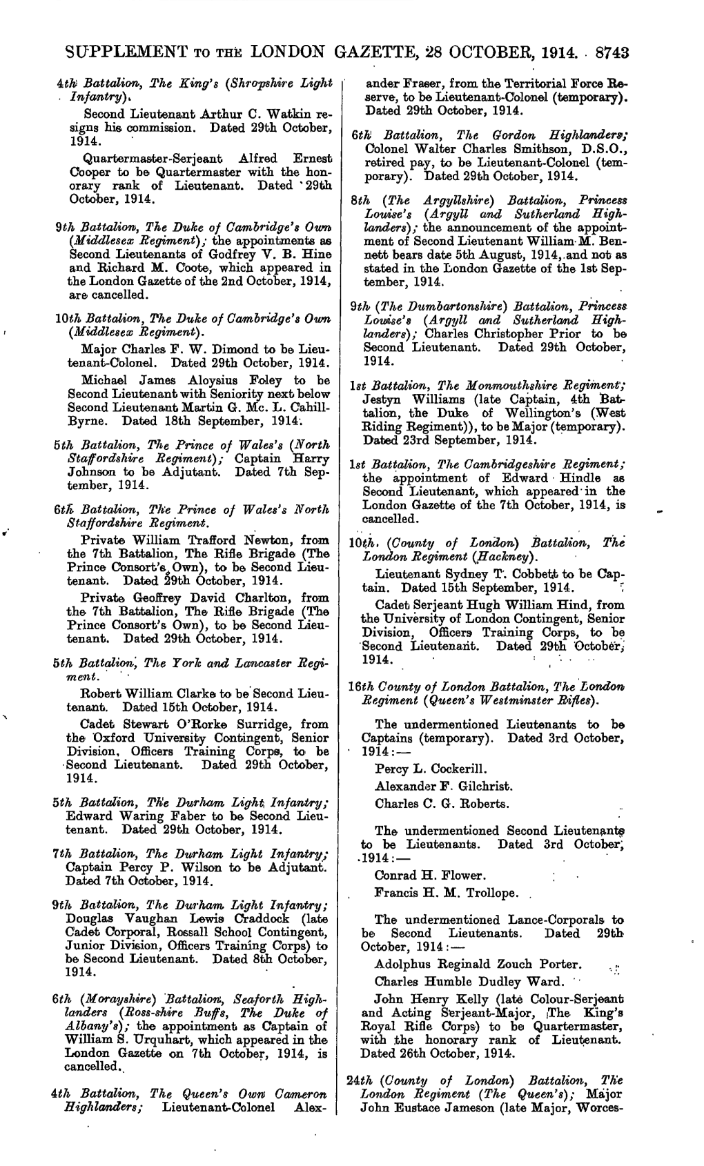 Supplement to the London Gazette, 28 October, 1914. 8743