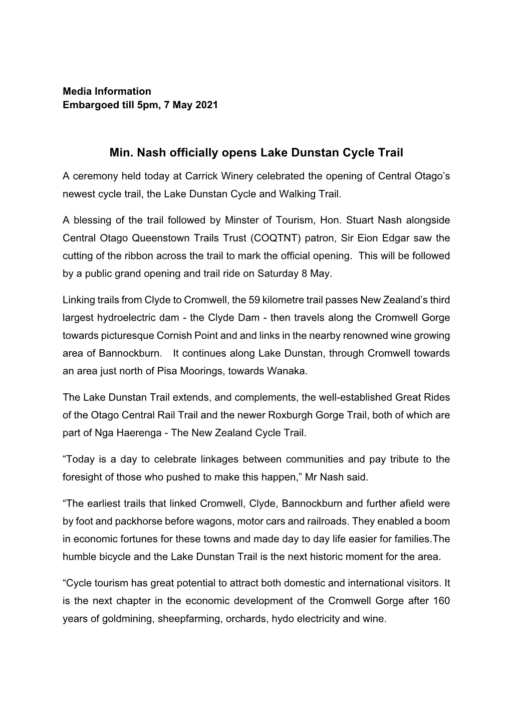 Media Release Min Nash Officially Opens Lake Dunstan Trail FINAL