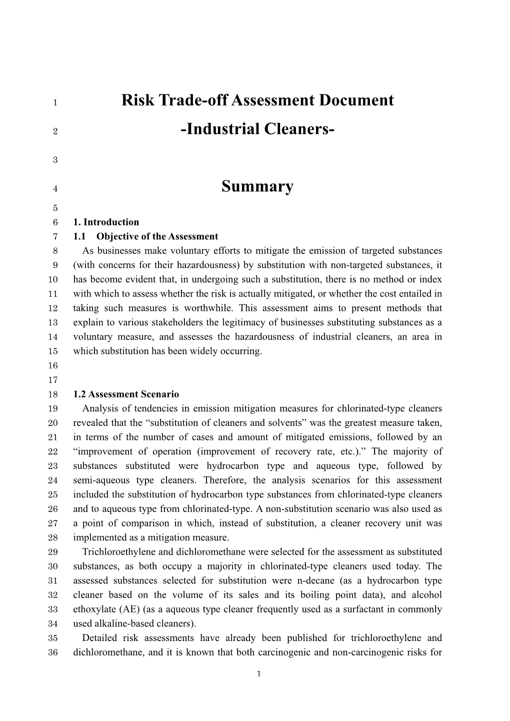 Risk Trade-Off Assessment Document -Industrial Cleaners- Summary