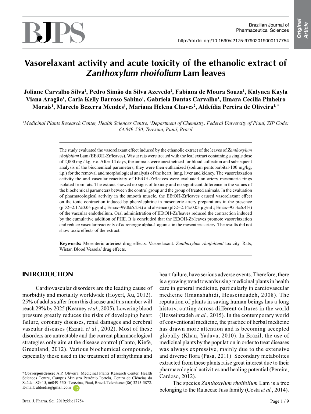 Vasorelaxant Activity and Acute Toxicity of the Ethanolic Extract of Zanthoxylum Rhoifolium Lam Leaves