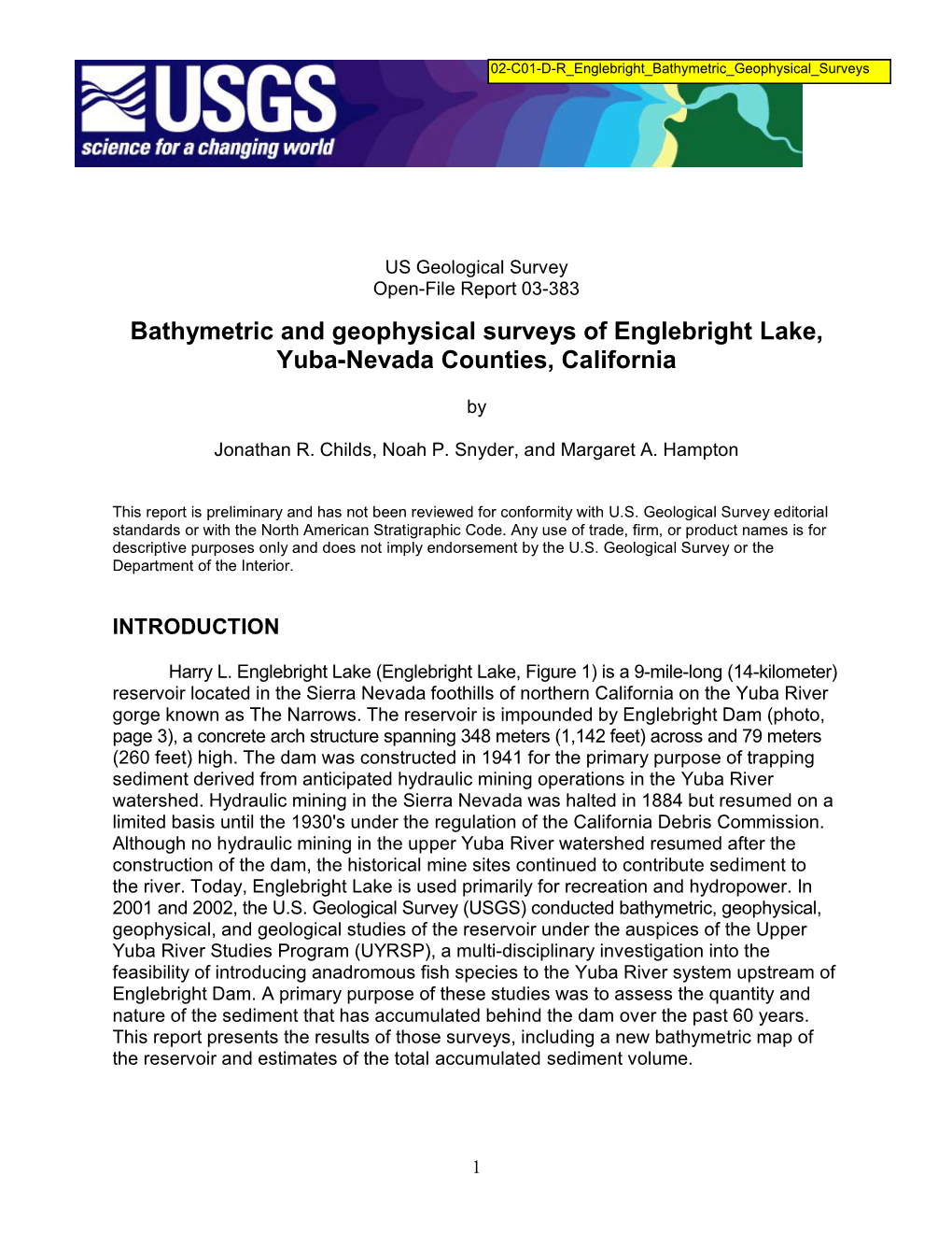 Bathymetric and Geophysical Surveys of Englebright Lake, Yuba-Nevada Counties, California