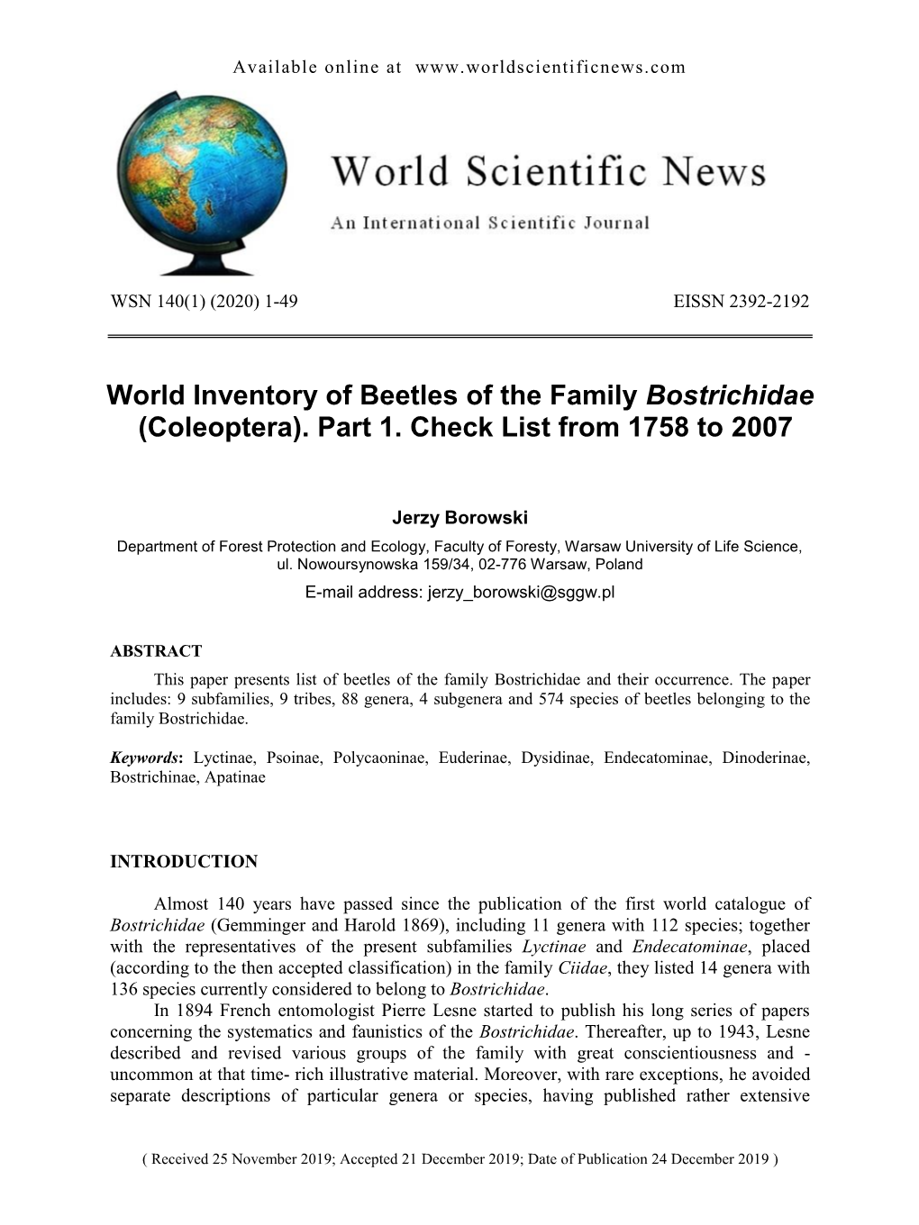 World Inventory of Beetles of the Family Bostrichidae (Coleoptera)