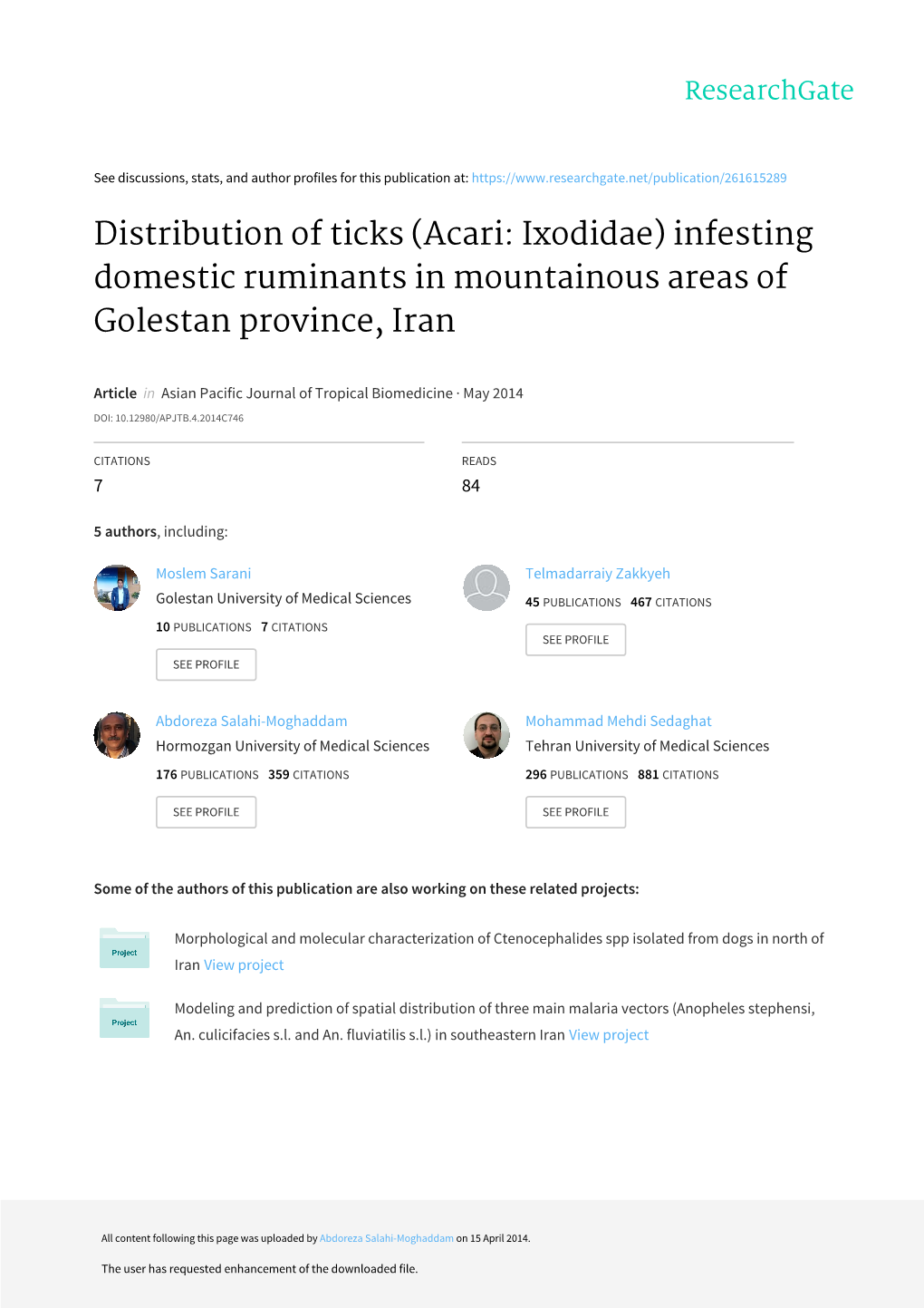 (Acari: Ixodidae) Infesting Domestic Ruminants in Mountainous Areas of Golestan Province, Iran