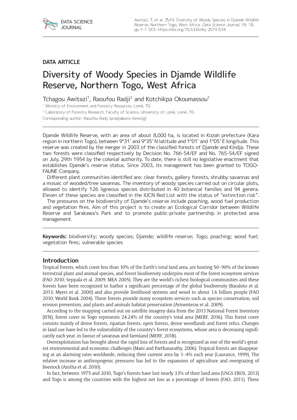 Diversity of Woody Species in Djamde Wildlife Reserve, Northern Togo, West Africa